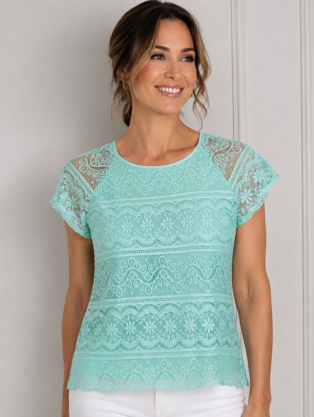 Solitaire Mint Lace Blouse Size Small | Feminine Floral Lace Top Romantic Chic S